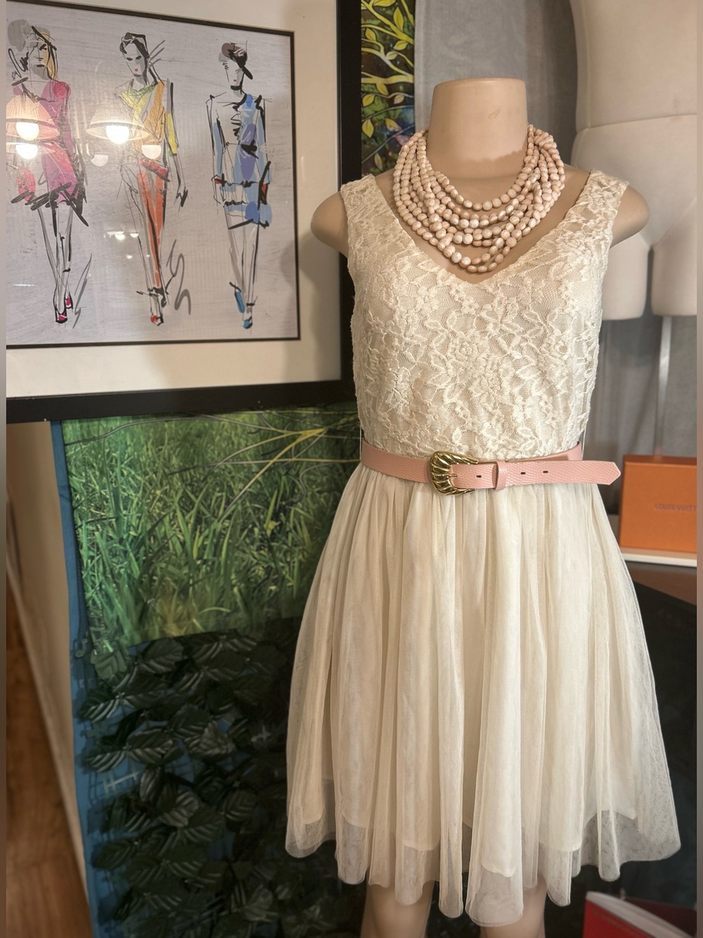 Forever 21-XXI Vintage-Inspired Cream Lace & Tulle Dress W:FREE BELT & NECKLACE!
